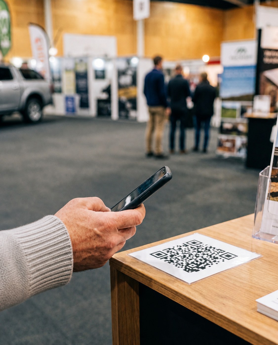 A visitor scanning a QR code on an expo stand counter
