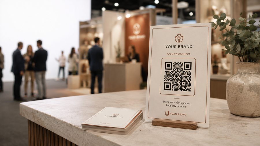 A branded QR card standing on an expo counter