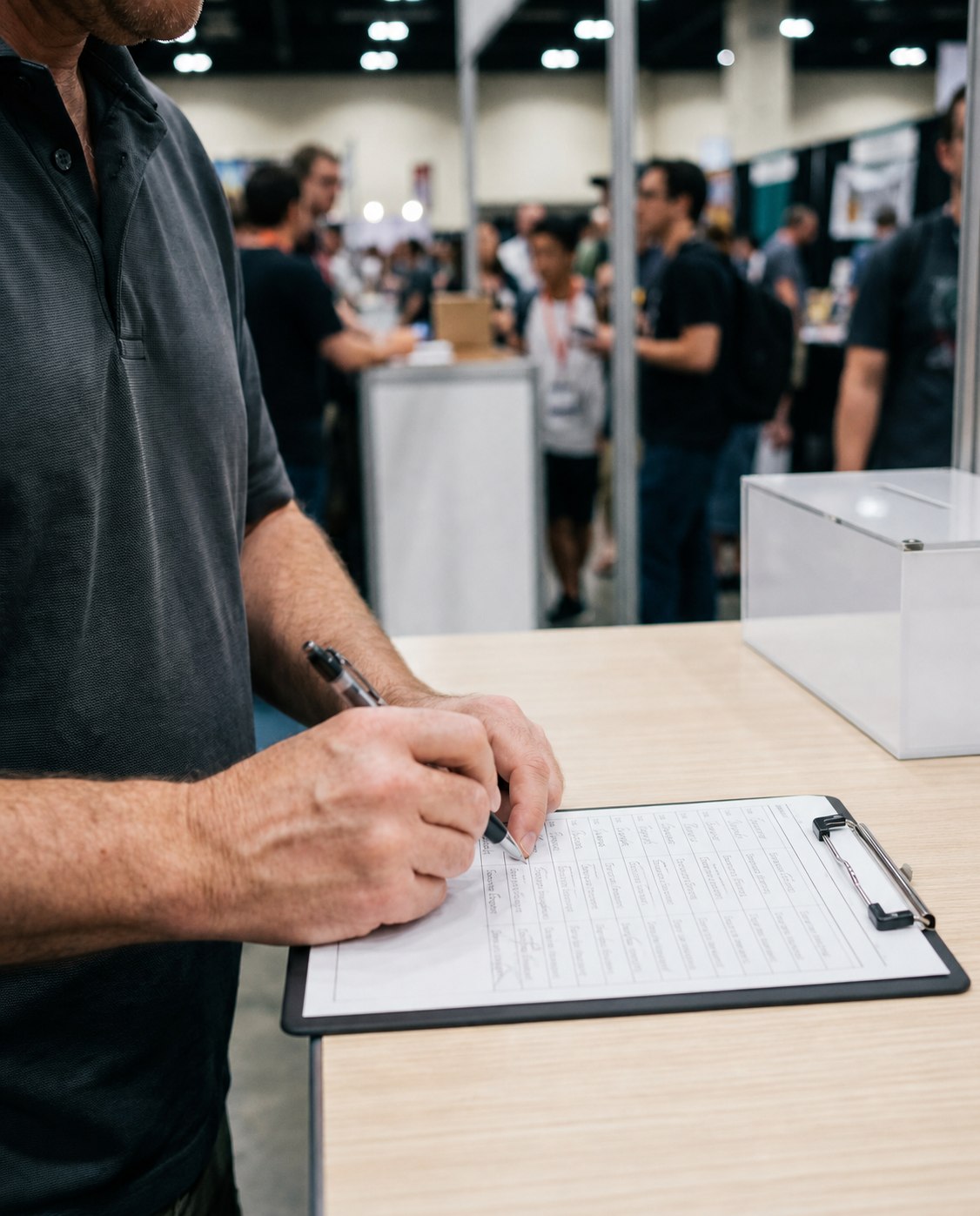 A visitor writing their details on a paper entry slip beside a cardboard prize box